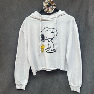 Peanuts White Cropped Hoodie with Snoopy & Woodstock